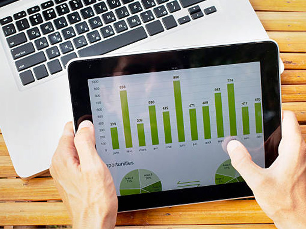 a person looking at a graph on an ipad
